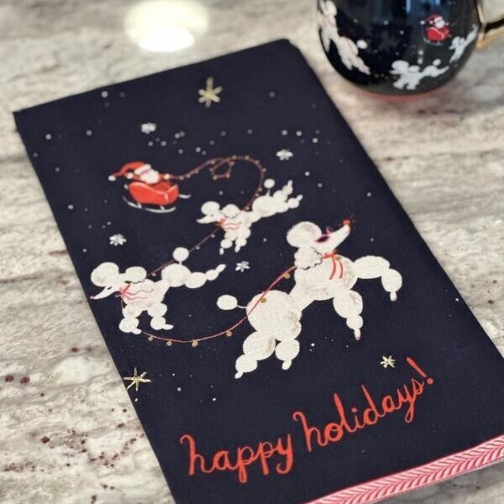 Anthropologie DASHING POODLES Dish Towel Christmas Santa gift Holiday charm BOLO